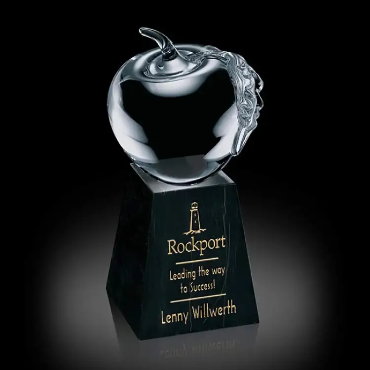Apple Glass Award on Tall Marble Base - Deep Etch & Print