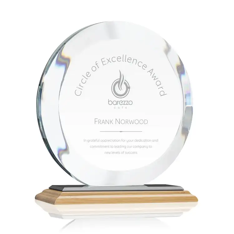 Gibralter Round Starfire Crystal Award on Bamboo Base - Deep Etch #2
