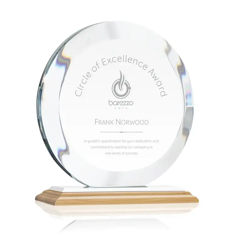 Gibralter Round Starfire Crystal Award on Bamboo Base - Deep Etch #3