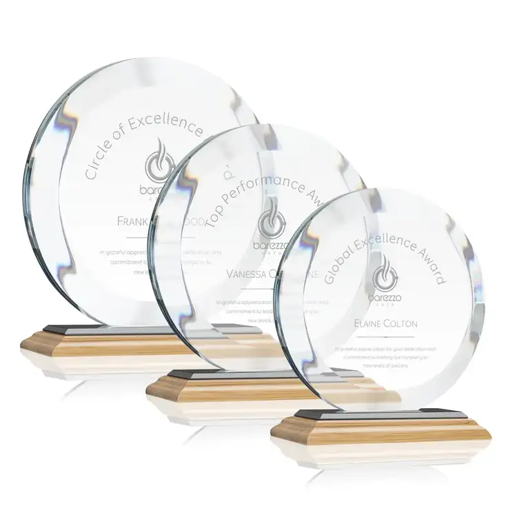 Gibralter Round Starfire Crystal Award on Bamboo Base - Deep Etch