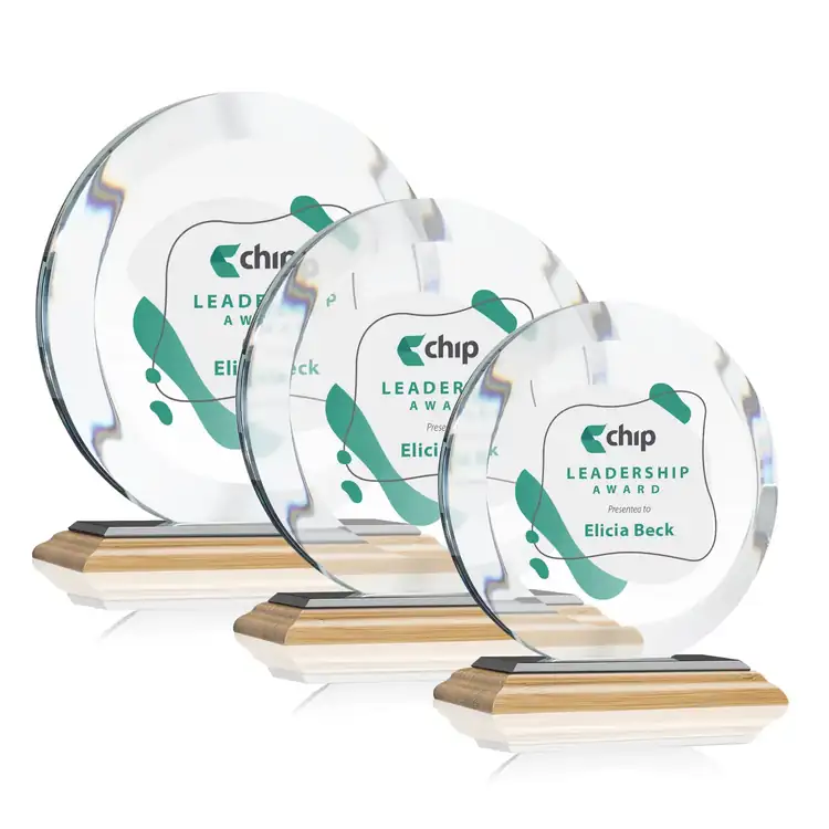 Gibralter Round Starfire Crystal Award on Bamboo Base - Multicolor