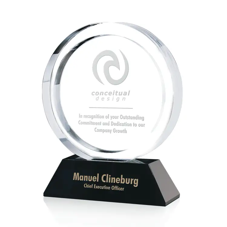 Rutherford Round Black and Clear Optical Crystal Award - Deep Etch
