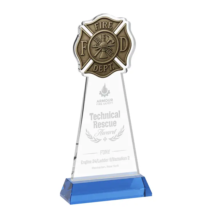 Fire Dept Starfire Crystal Award on Hartford Base - Deep Etch #11