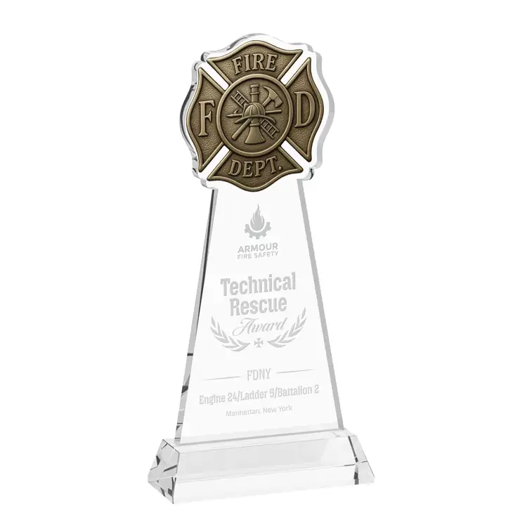 Fire Dept Starfire Crystal Award on Hartford Base - Deep Etch #2