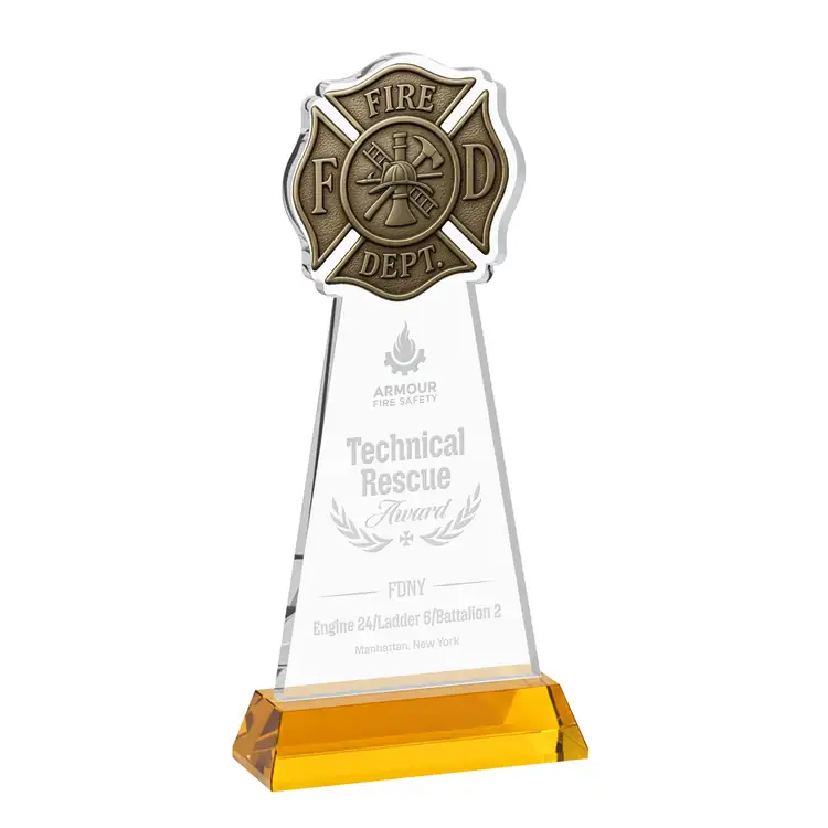 Fire Dept Starfire Crystal Award on Hartford Base - Deep Etch #3
