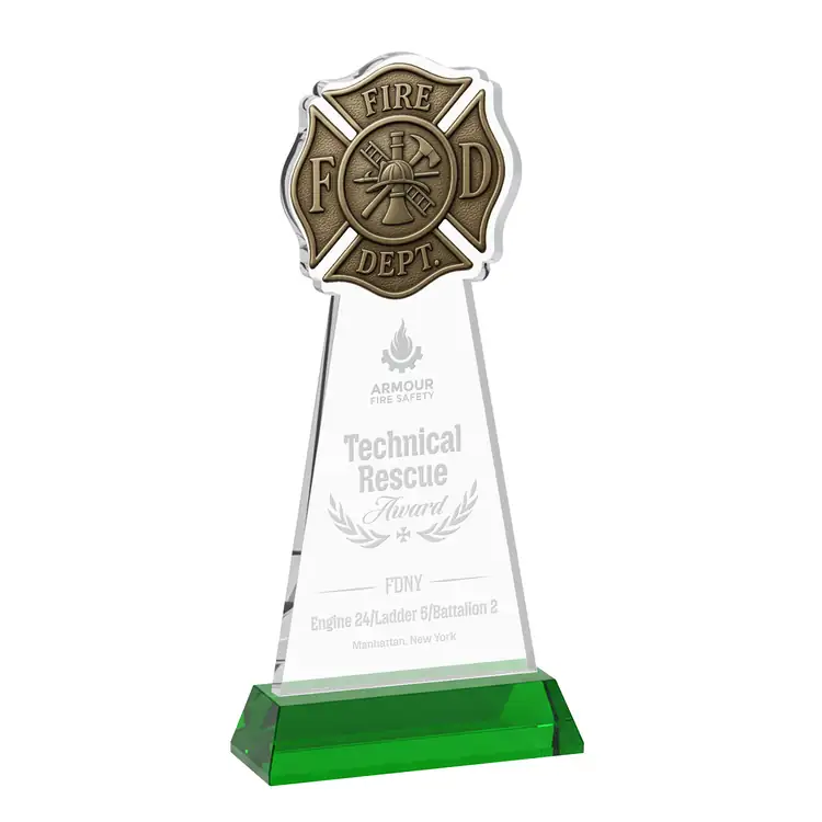 Fire Dept Starfire Crystal Award on Hartford Base - Deep Etch #5