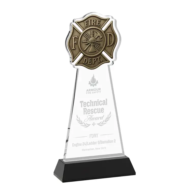 Fire Dept Starfire Crystal Award on Hartford Base - Deep Etch #6