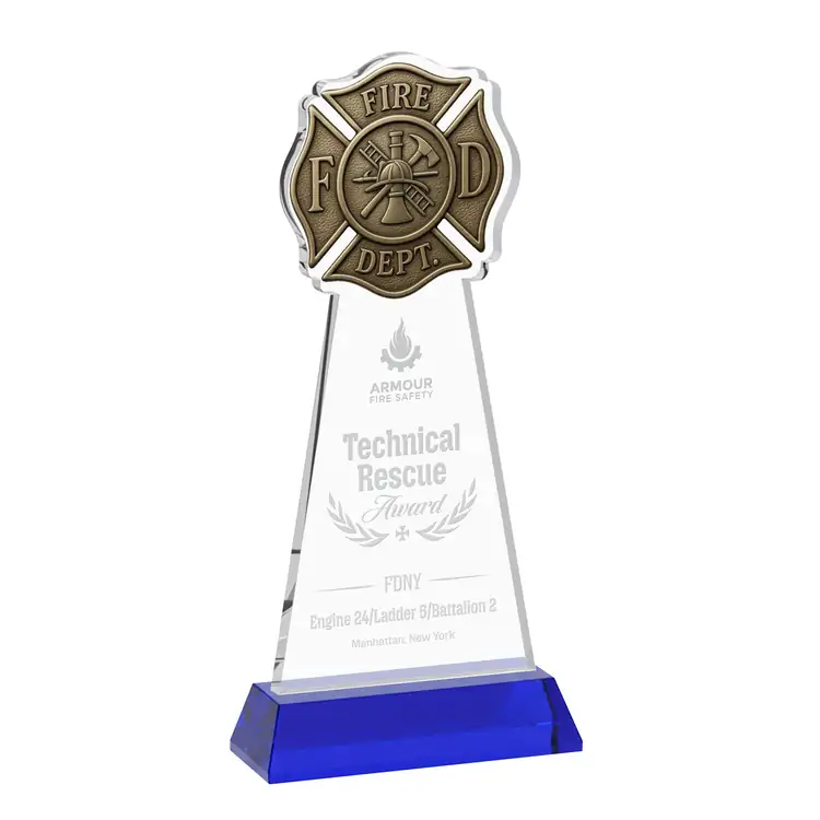 Fire Dept Starfire Crystal Award on Hartford Base - Deep Etch #7