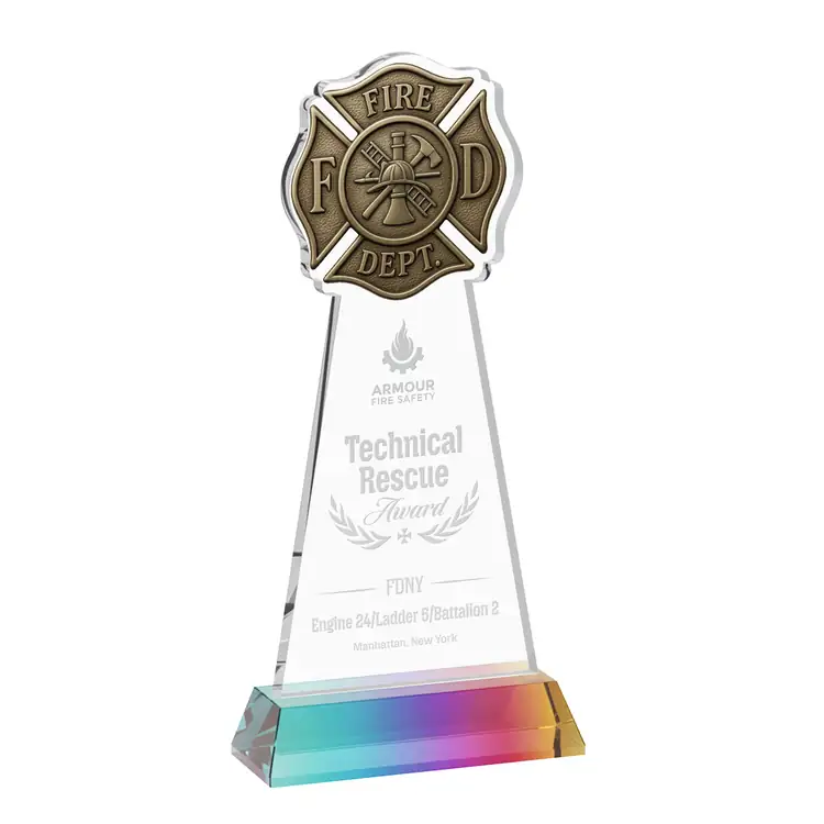 Fire Dept Starfire Crystal Award on Hartford Base - Deep Etch #8