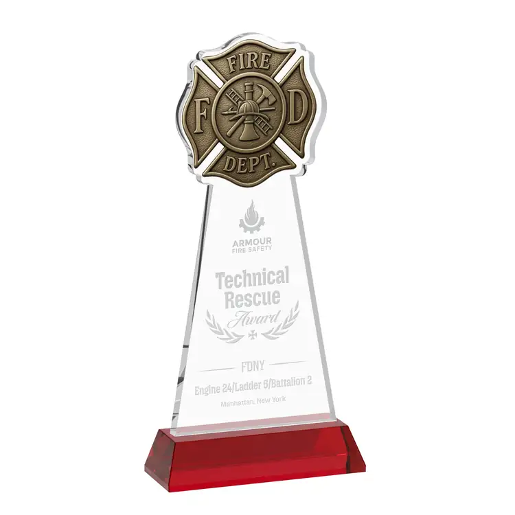 Fire Dept Starfire Crystal Award on Hartford Base - Deep Etch #9
