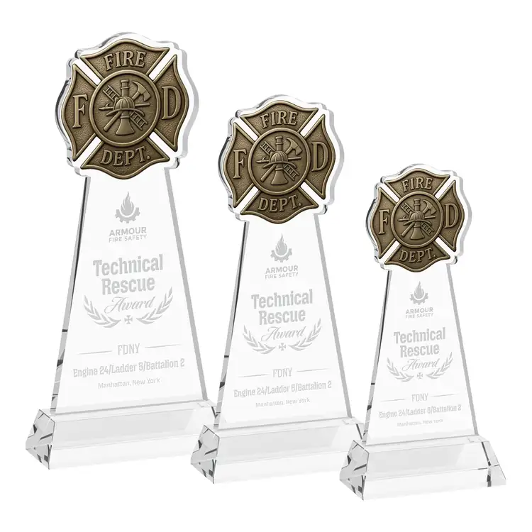 Fire Dept Starfire Crystal Award on Hartford Base - Deep Etch