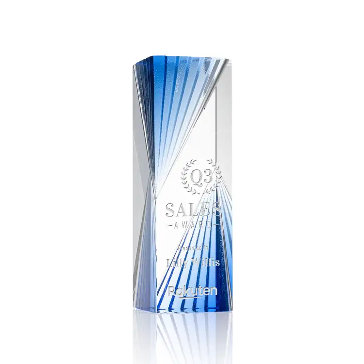 Aurelia Optical Crystal Tower Award with Blue Accents - Deep Etch #2