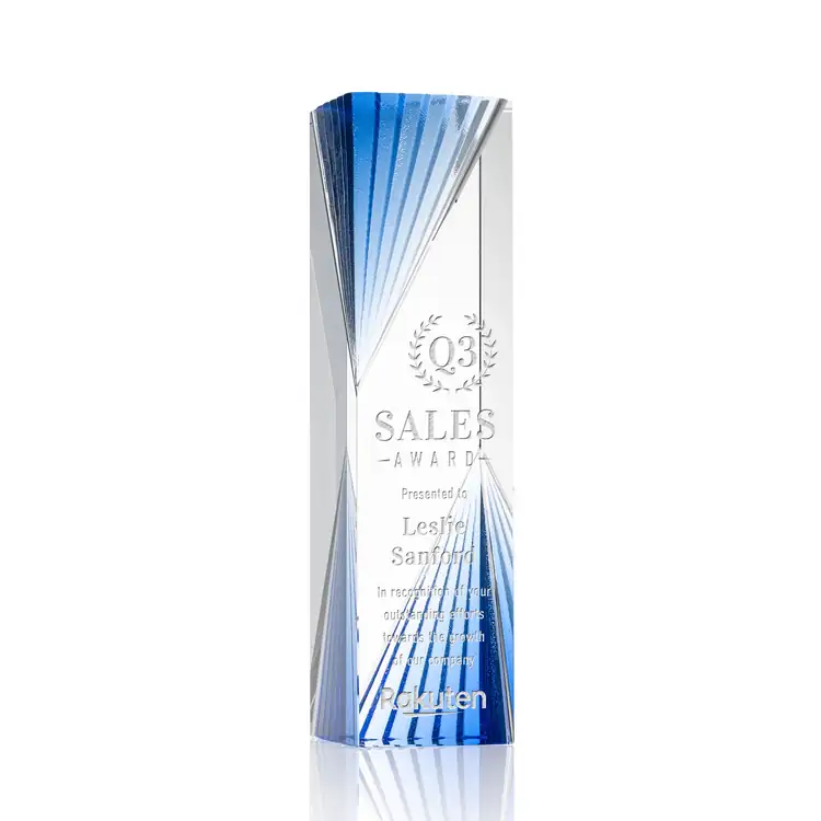 Aurelia Optical Crystal Tower Award with Blue Accents - Deep Etch #3