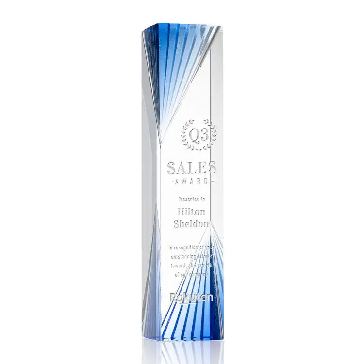 Aurelia Optical Crystal Tower Award with Blue Accents - Deep Etch #4