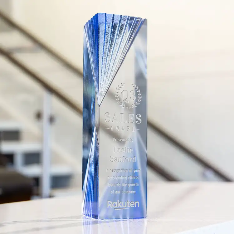 Aurelia Optical Crystal Tower Award with Blue Accents - Deep Etch #6