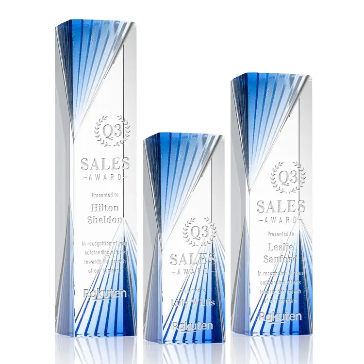Aurelia Optical Crystal Tower Award with Blue Accents - Deep Etch