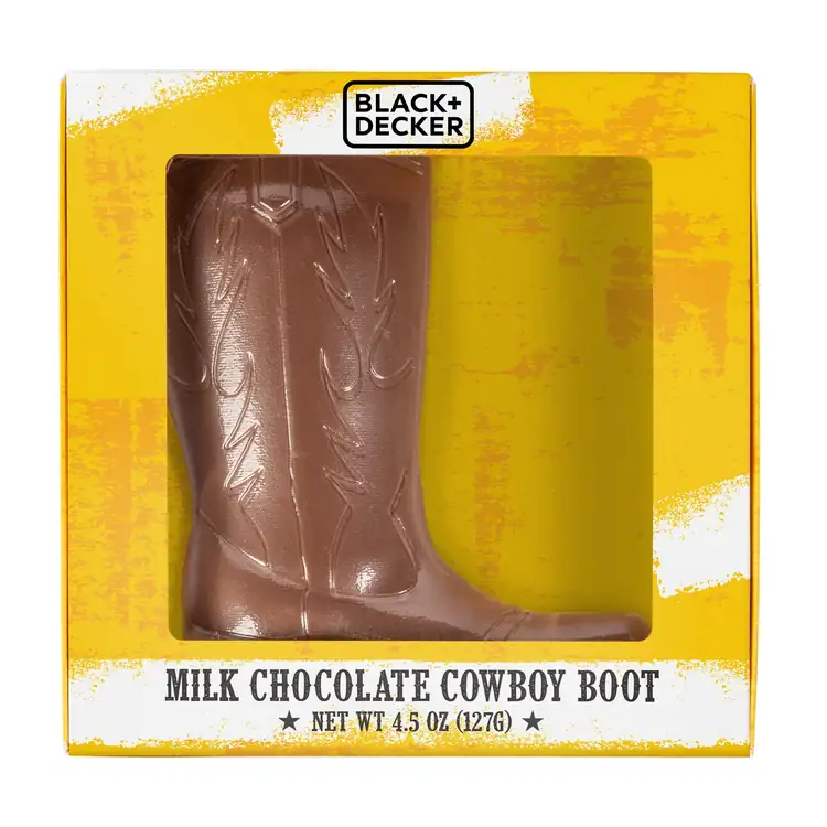 Chocolat moulé en forme de botte de cowboy en boîte à fenêtre