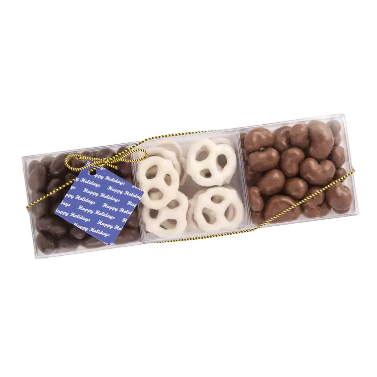 Coffret transparent à trois compartiments de gourmandises chocolatées
