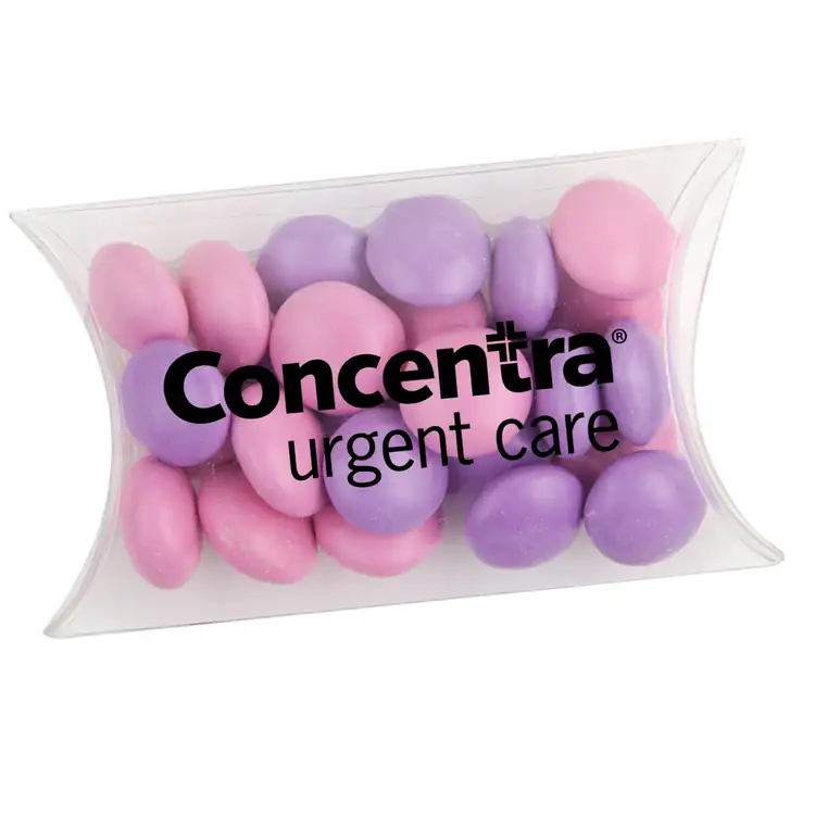 Petite boîte coussin transparente de boutons de chocolat