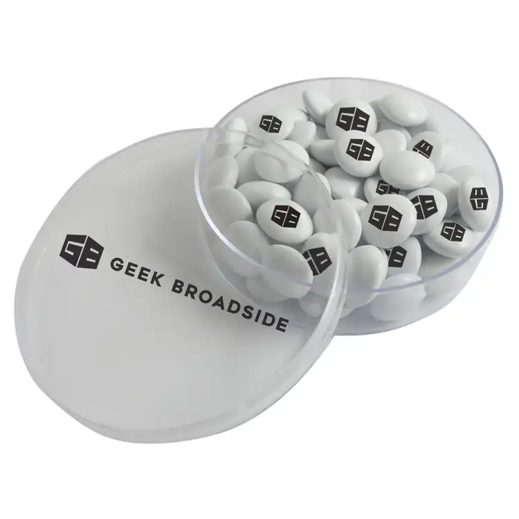 Petite boîte ronde en acrylique de boutons de chocolat imprimés